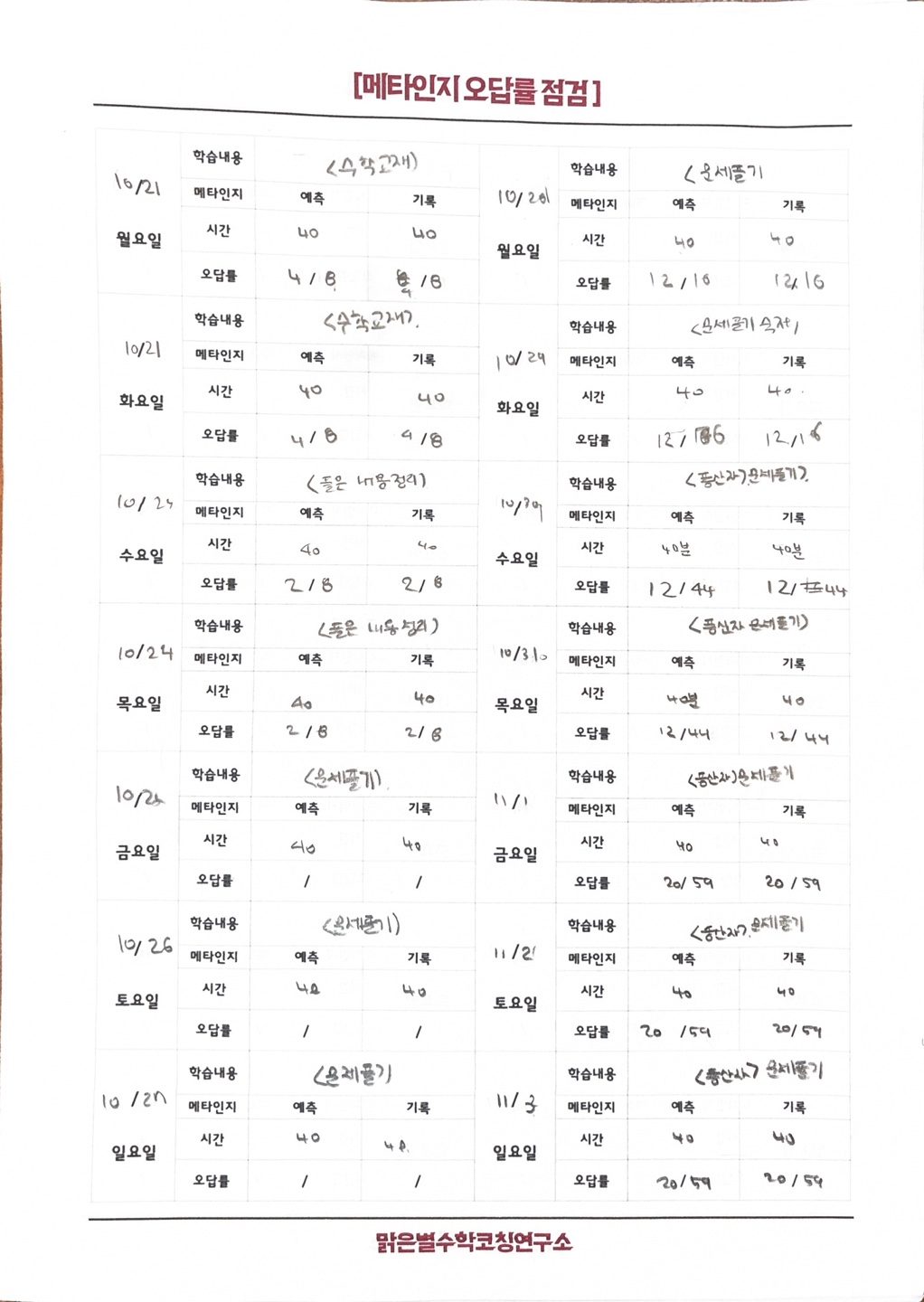 메타인지 기록지